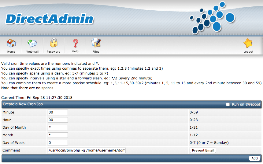 מסך הגדרת Cronjob ב-DirectAdmin