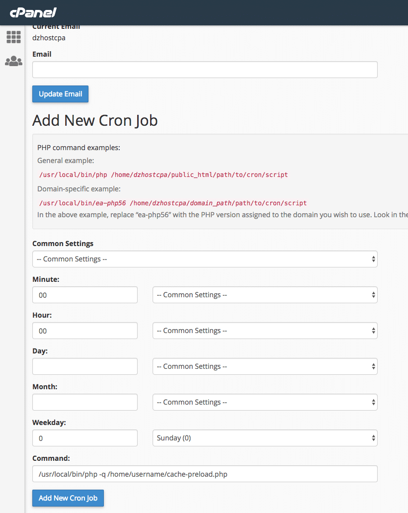 מסך הגדרת Cronjob ב-cPanel