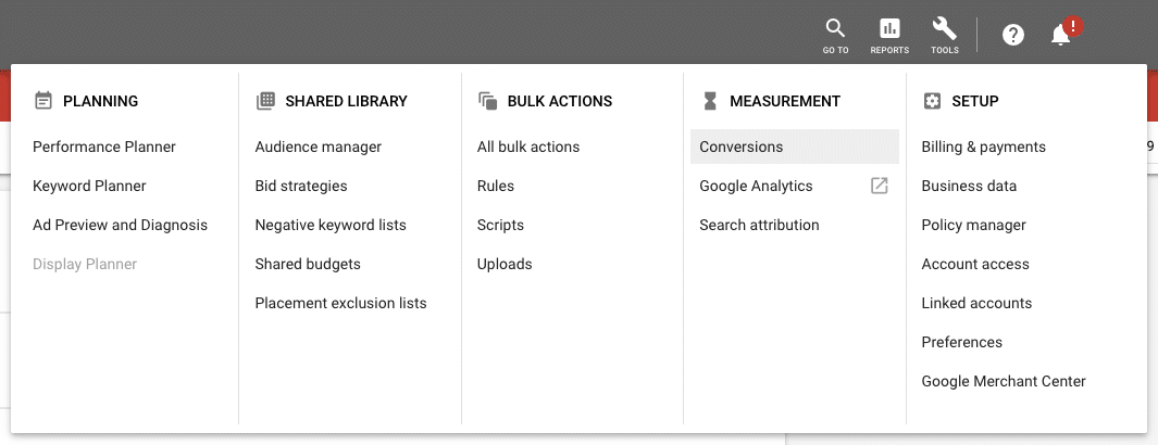 צילום מסך של תפריט כלים תחת Google Adwords